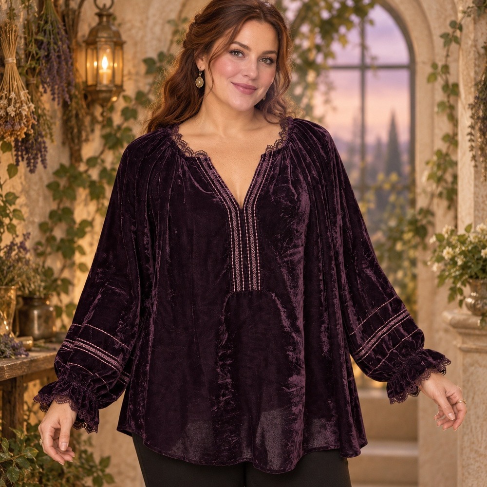 Democracy Velvet Peasant Blouse 2X Purple 3/4 Sleeve Lace Whimsigoth Vamp Witchy